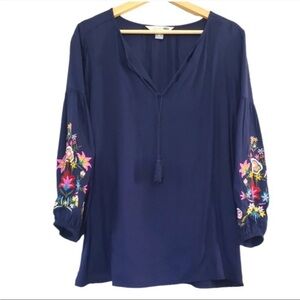 Navy Blue Tunic Shirt Blouse Embroidered Flowers Boho sz XS